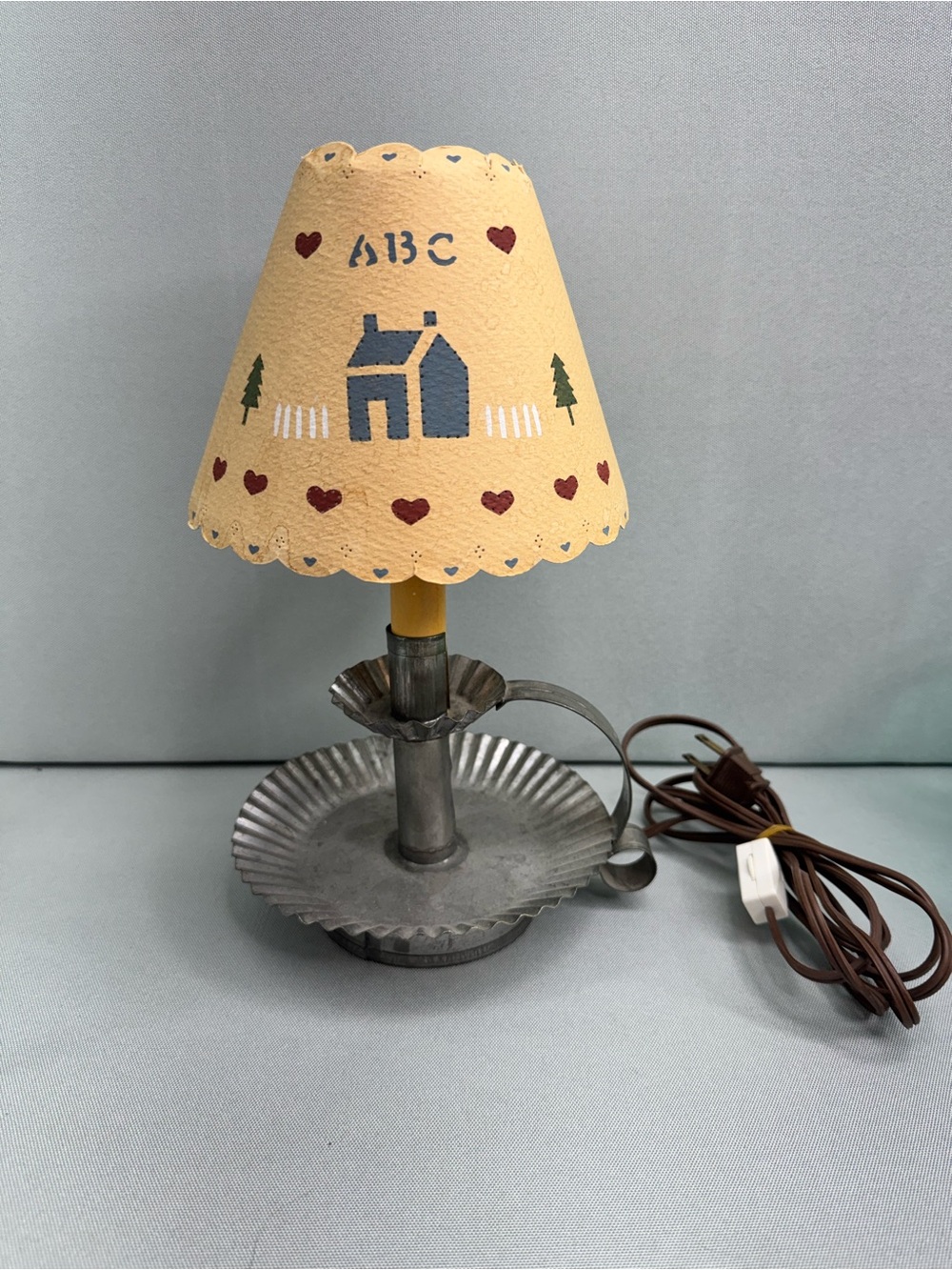 Vintage 11” Primitive Candle Lamp Handmade Paper Shade Country Farmhouse